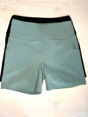 RBX Reebok 2 Pack High Waisted Workout Biker Shorts Black Green Women Medium